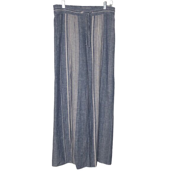 NWT Express Wms M  Blue Striped High Waist Linen Blend Pants Wide Split Leg - Picture 1 of 12